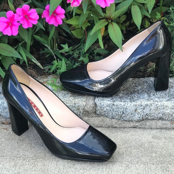 Prada Women's Patent Leather Pumps Heels Square Toe Slip On Stacked HeeI Black - Picture 12 of 16